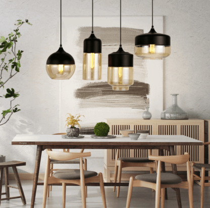 Sfeervolle Moorea moderne hanglamp eettafel zwart met amber glas - klimliving